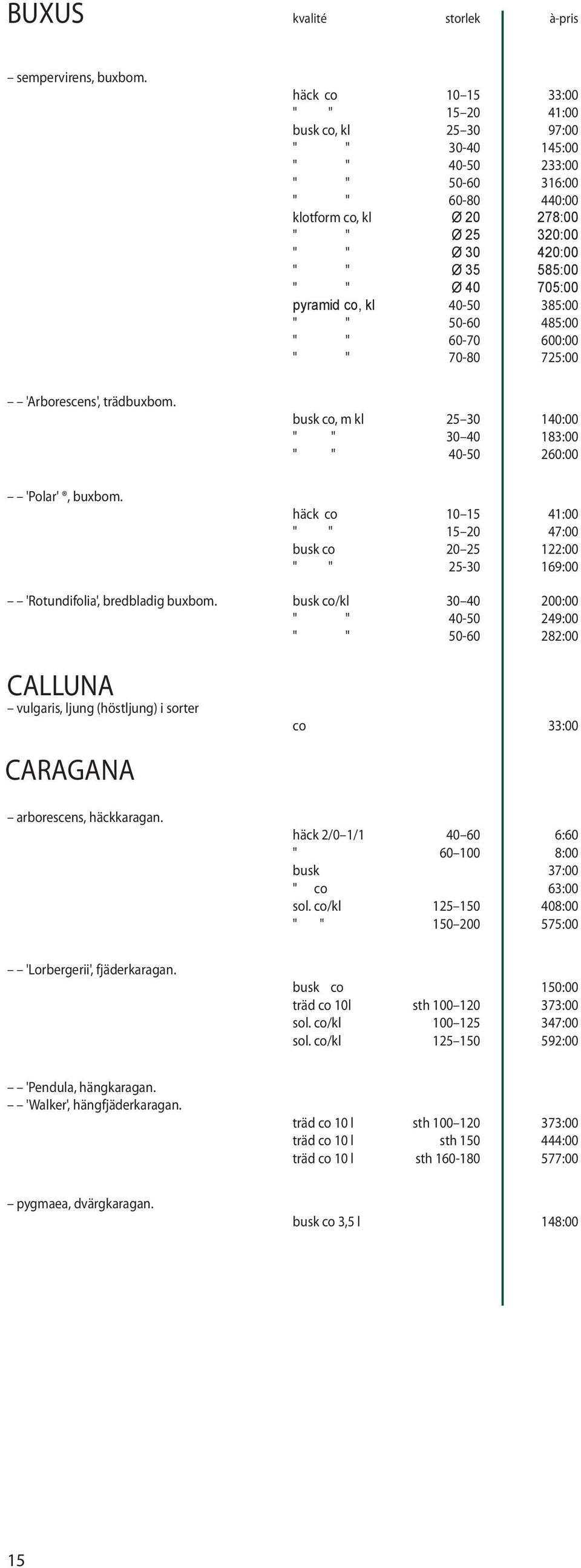 585:00 " " Ø 40 705:00 pyramid co, kl 40-50 385:00 " " 50-60 485:00 " " 60-70 600:00 " " 70-80 725:00 'Arborescens', trädbuxbom. 'Polar', buxbom.