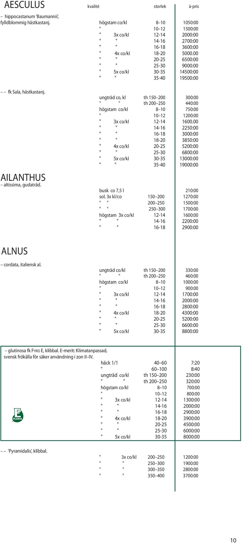 00 " " 20-25 6500:00 " " 25-30 9000:00 " 5x co/kl 30-35 14500:00 " " 35-40 19500:00 fk Sala, hästkastanj. AILANTHUS altissima, gudaträd.