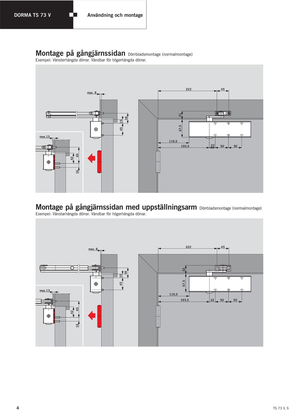 13 119,5 193,5 22 50 50 42 65 15 42 65 Montage på gångjärnssidan med uppställningsarm Dörrbladsmontage