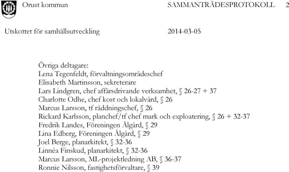 planchef/tf chef mark och exploatering, 26 + 32-37 Fredrik Landes, Föreningen Ålgård, 29 Lina Edberg, Föreningen Ålgård, 29 Joel
