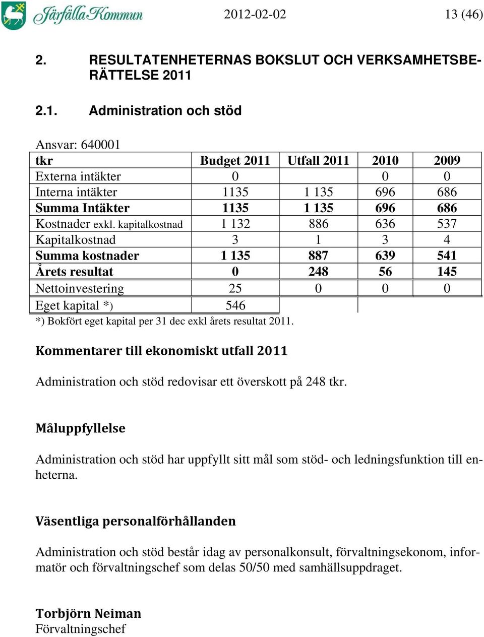 exkl årets resultat 2011. Kommentarer till ekonomiskt utfall 2011 Administration och stöd redovisar ett överskott på 248 tkr.