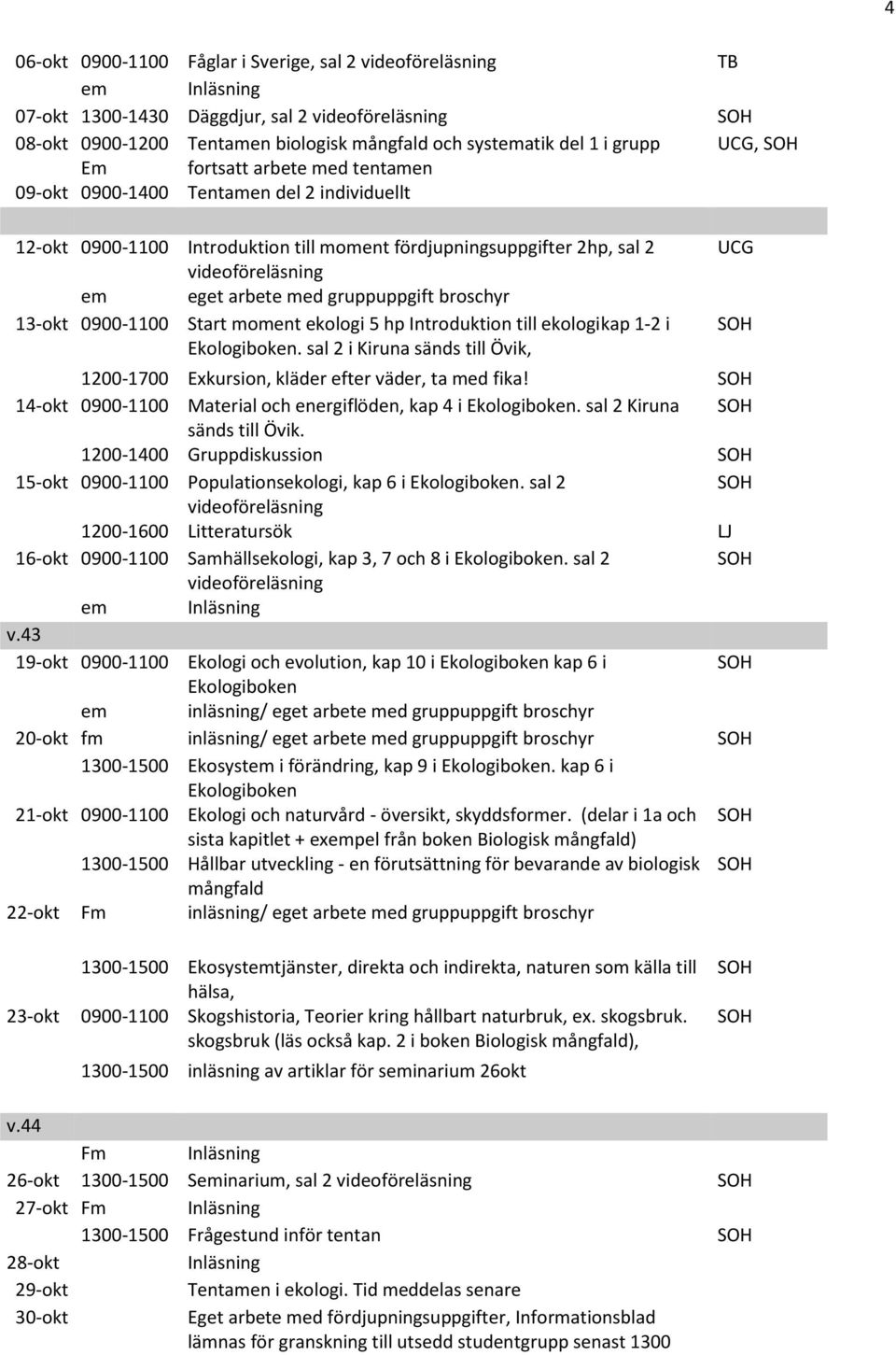 Introduktion till ekologikap 1-2 i Ekologiboken. sal 2 i Kiruna sänds till Övik, 1200-1700 Exkursion, kläder efter väder, ta med fika! 14-okt 0900-1100 Material och energiflöden, kap 4 i Ekologiboken.