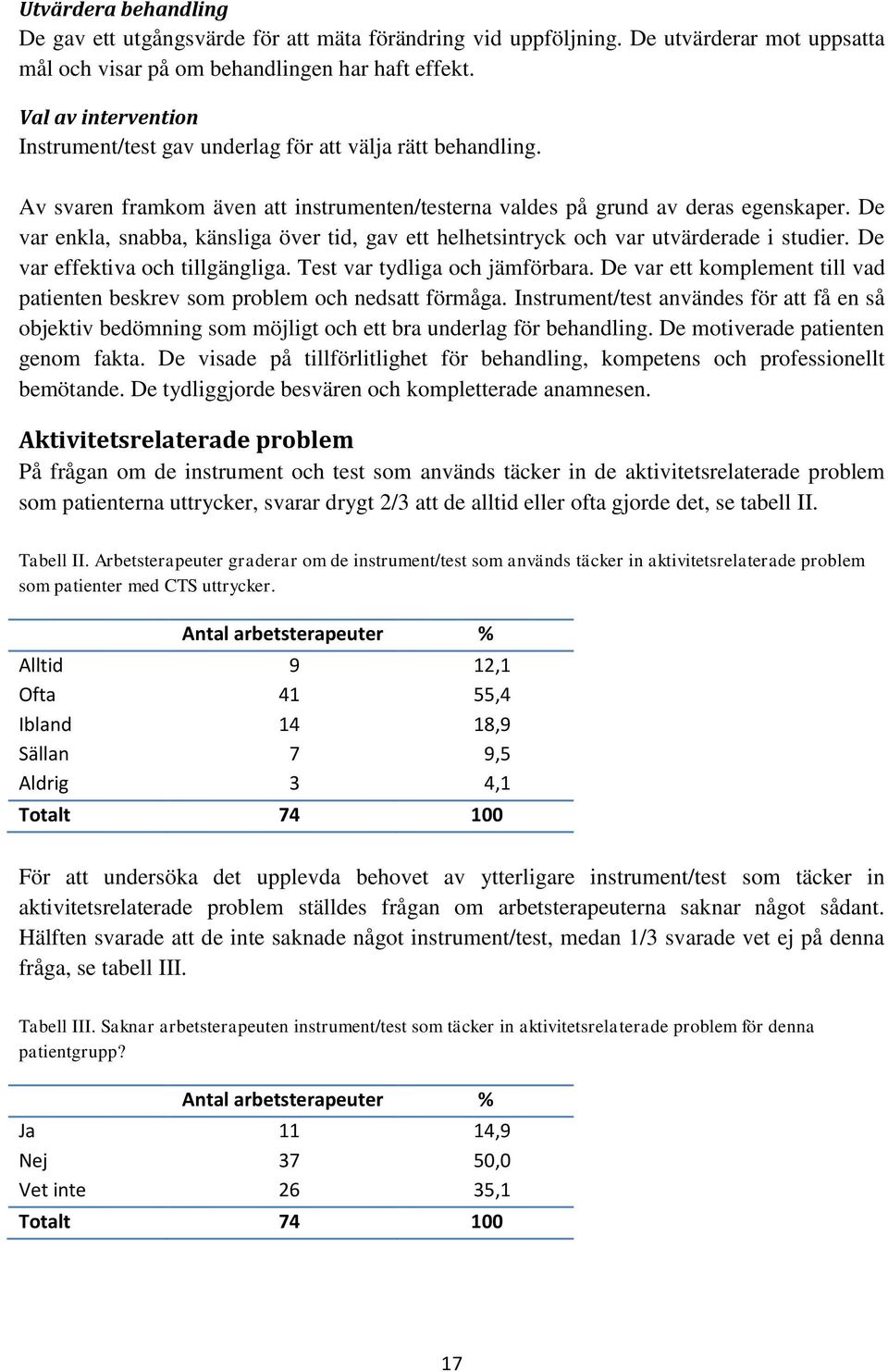 De var enkla, snabba, känsliga över tid, gav ett helhetsintryck och var utvärderade i studier. De var effektiva och tillgängliga. Test var tydliga och jämförbara.