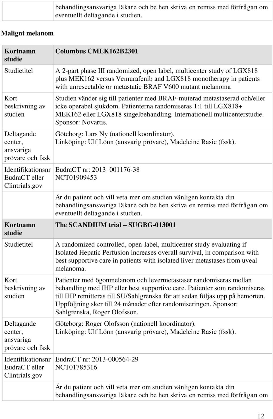 metastatic BRAF V600 mutant melanoma Studien vänder sig till patienter med BRAF-muterad metastaserad och/eller icke operabel sjukdom.