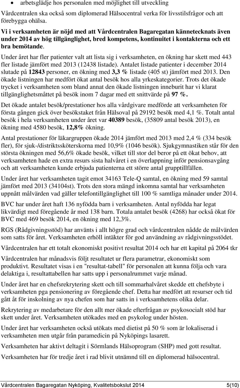 Under året har fler patienter valt att lista sig i verksamheten, en ökning har skett med 443 fler listade jämfört med 2013 (12438 listade).