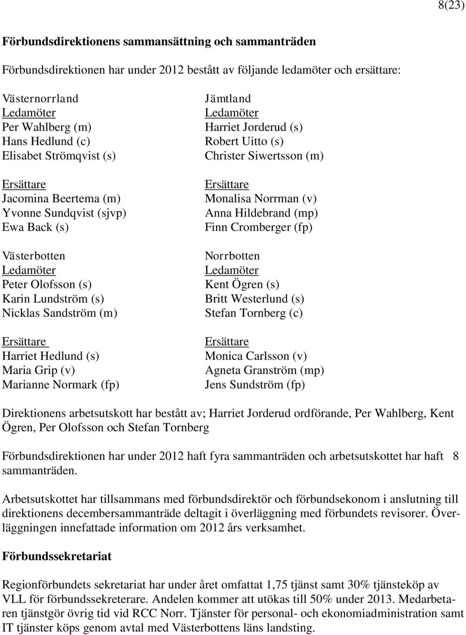 Hedlund (s) Maria Grip (v) Marianne Normark (fp) Jämtland Ledamöter Harriet Jorderud (s) Robert Uitto (s) Christer Siwertsson (m) Ersättare Monalisa Norrman (v) Anna Hildebrand (mp) Finn Cromberger