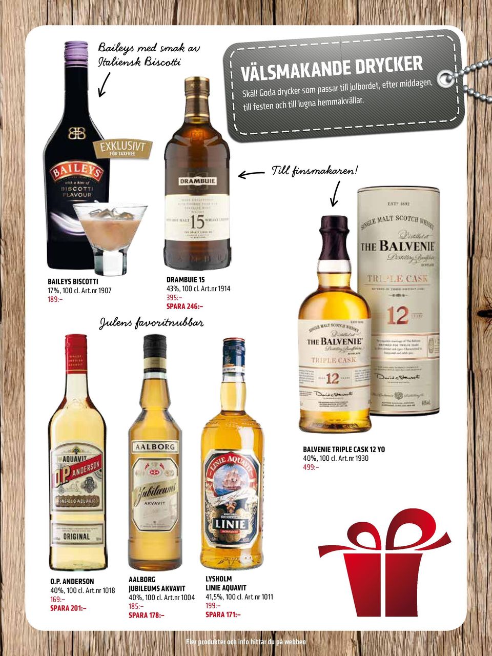 Art.nr 1907 189: Drambuie 15 43%, 100 cl. Art.nr 1914 395: Spara 246: Julens favoritnubbar Balvenie Triple cask 12 yo 40%, 100 cl. Art.nr 1930 499: O.