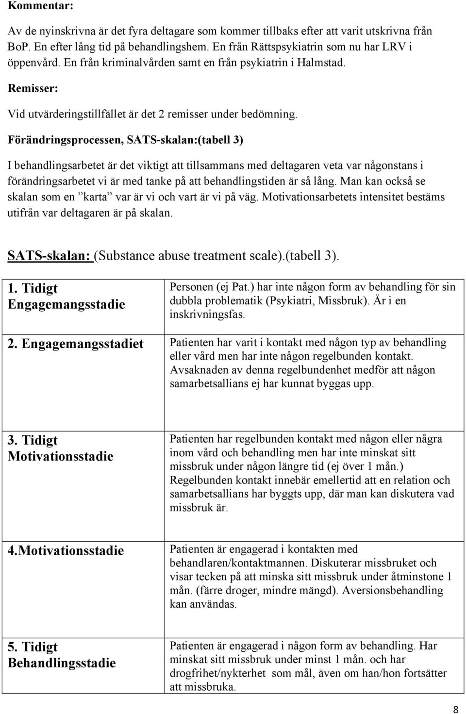 Förändringsprocessen, SATS-skalan:(tabell 3) I behandlingsarbetet är det viktigt att tillsammans med deltagaren veta var någonstans i förändringsarbetet vi är med tanke på att behandlingstiden är så