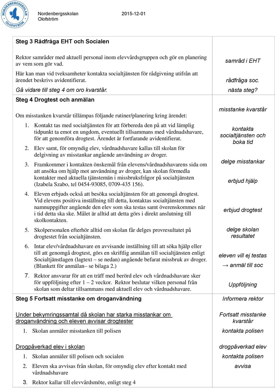 Steg 4 Drogtest och anmälan Om misstanken kvarstår tillämpas följande rutiner/planering kring ärendet: 1.