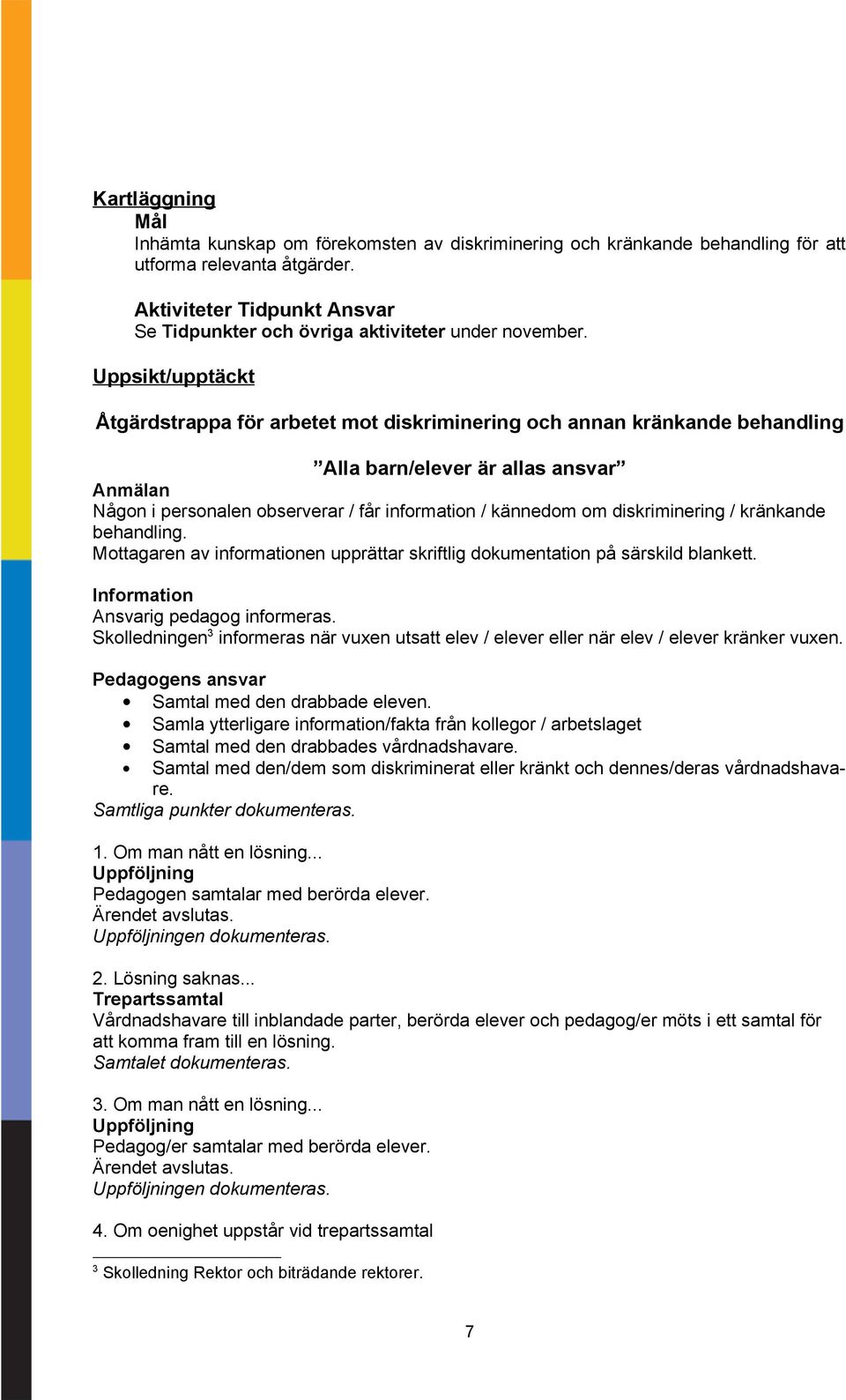 diskriminering / kränkande behandling. Mottagaren av informationen upprättar skriftlig dokumentation på särskild blankett. Information ig pedagog informeras.