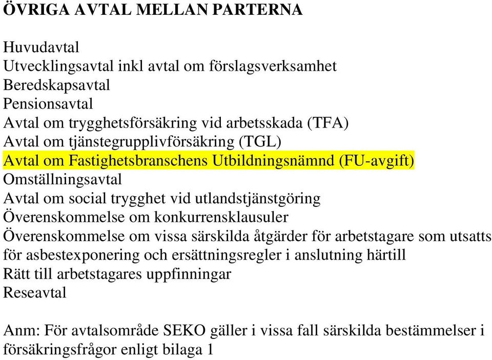 utlandstjänstgöring Överenskommelse om konkurrensklausuler Överenskommelse om vissa särskilda åtgärder för arbetstagare som utsatts för asbestexponering och