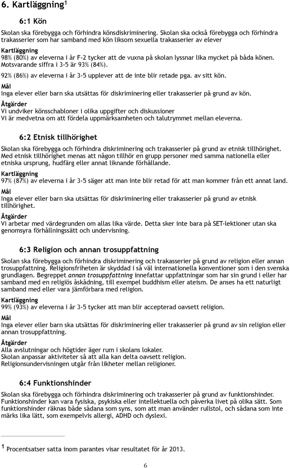 på båda könen. Motsvarande siffra i 3-5 är 93% (84%). 92% (86%) av eleverna i år 3-5 upplever att de inte blir retade pga. av sitt kön.