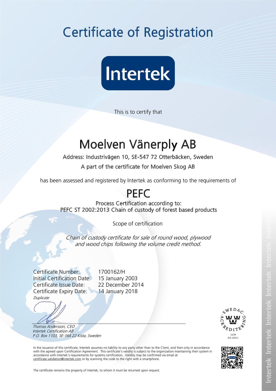 certificate for sale of round wood, plywood and wood chips following the volume credit method.