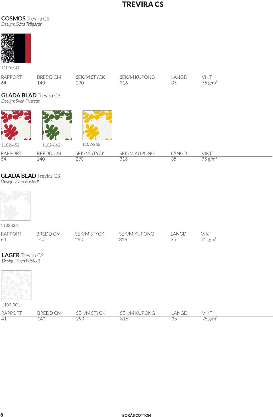 316 75 g/m² GLADA BLAD Trevira CS Design: Sven Fristedt 1102-001 64 140 290 316 75