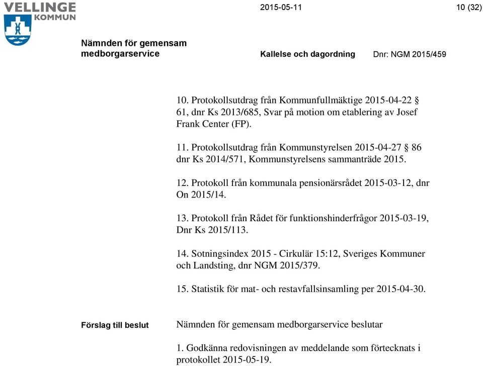 Protokoll från kommunala pensionärsrådet 2015-03-12, dnr On 2015/14. 13. Protokoll från Rådet för funktionshinderfrågor 2015-03-19, Dnr Ks 2015/113. 14.