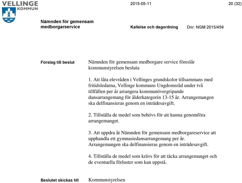 dansarrangemang för ålderkategorin 13-15 år. Arrangemangen ska delfinansieras genom en inträdesavgift. 2.