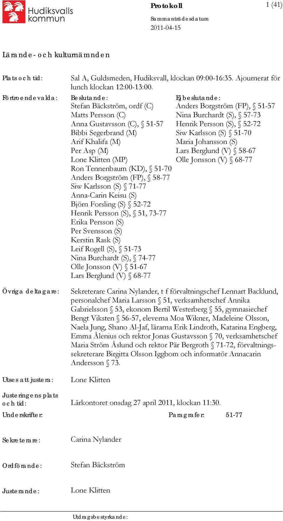 (KD), 51-70 Anders Borgström (FP), 58-77 Siw Karlsson (S) 71-77 Anna-Carin Keisu (S) Björn Forsling (S) 52-72 Henrik Persson (S), 51, 73-77 Erika Persson (S) Per Svensson (S) Kerstin Rask (S) Leif