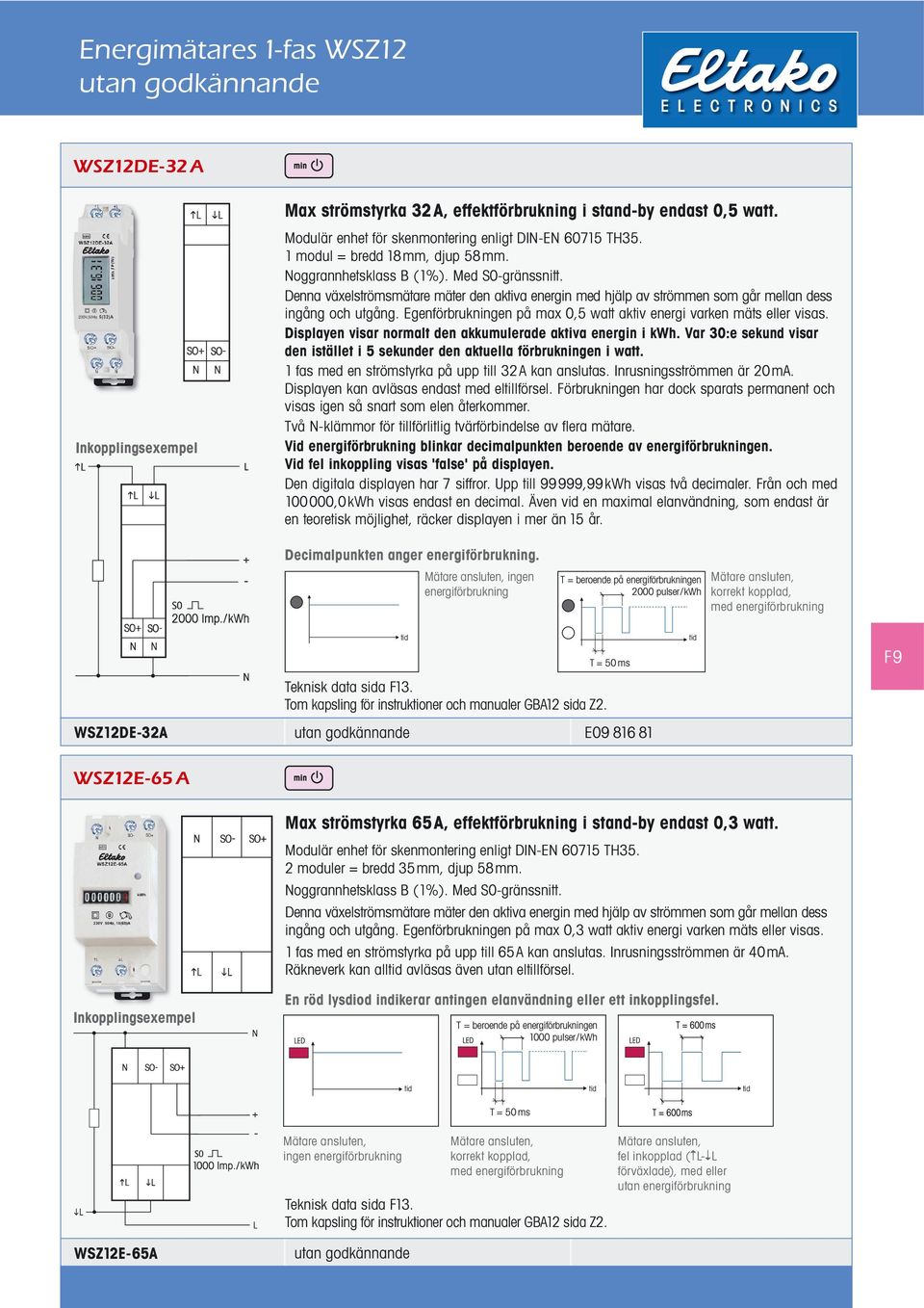 Displayen visar normalt den akkumulerade aktiva energin i kwh. Var 30:e sekund visar den istället i 5 sekunder den aktuella förbrukningen i watt. 1 fas med en strömstyrka på upp till 32A kan anslutas.