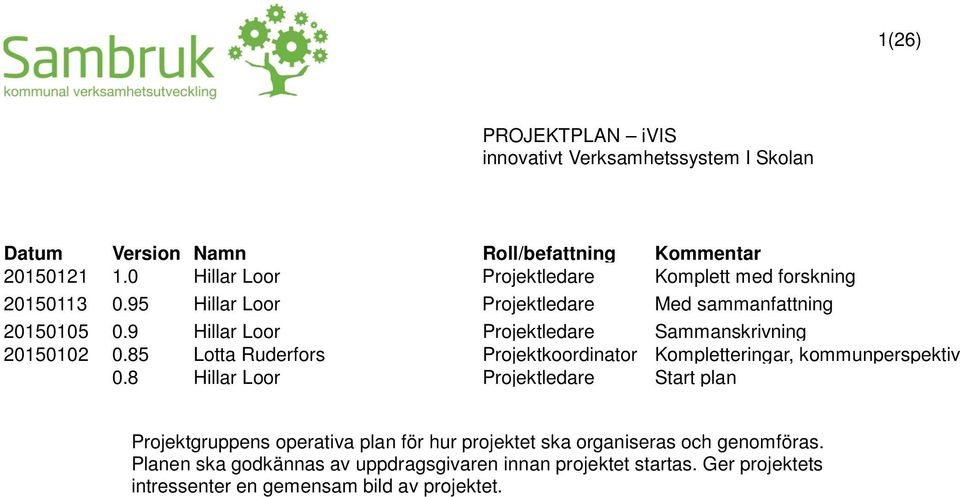 9 Hillar Loor Projektledare Sammanskrivning 20150102 0.85 Lotta Ruderfors Projektkoordinator Kompletteringar, kommunperspektiv 0.