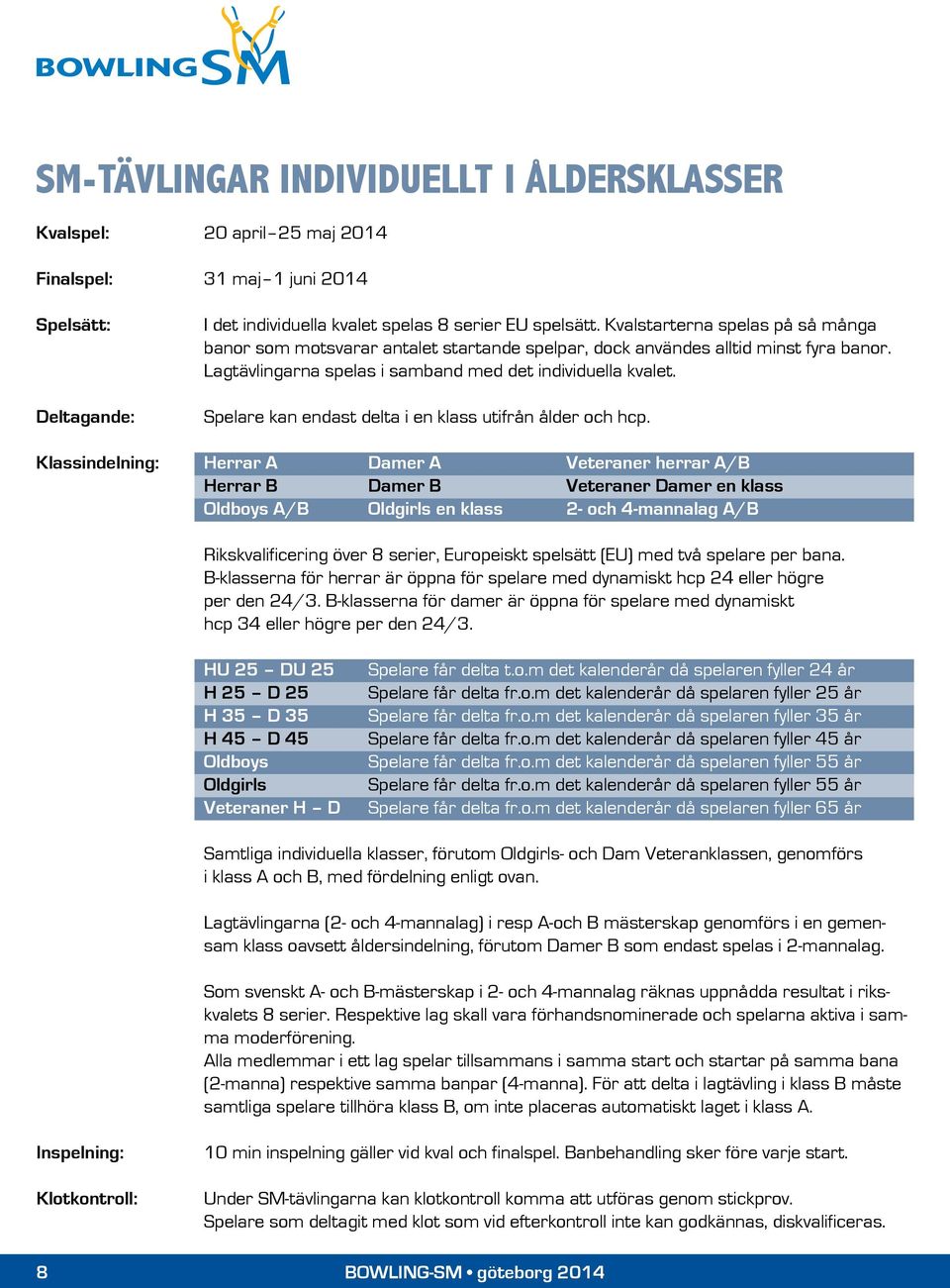 Spelare kan endast delta i en klass utifrån ålder och hcp.