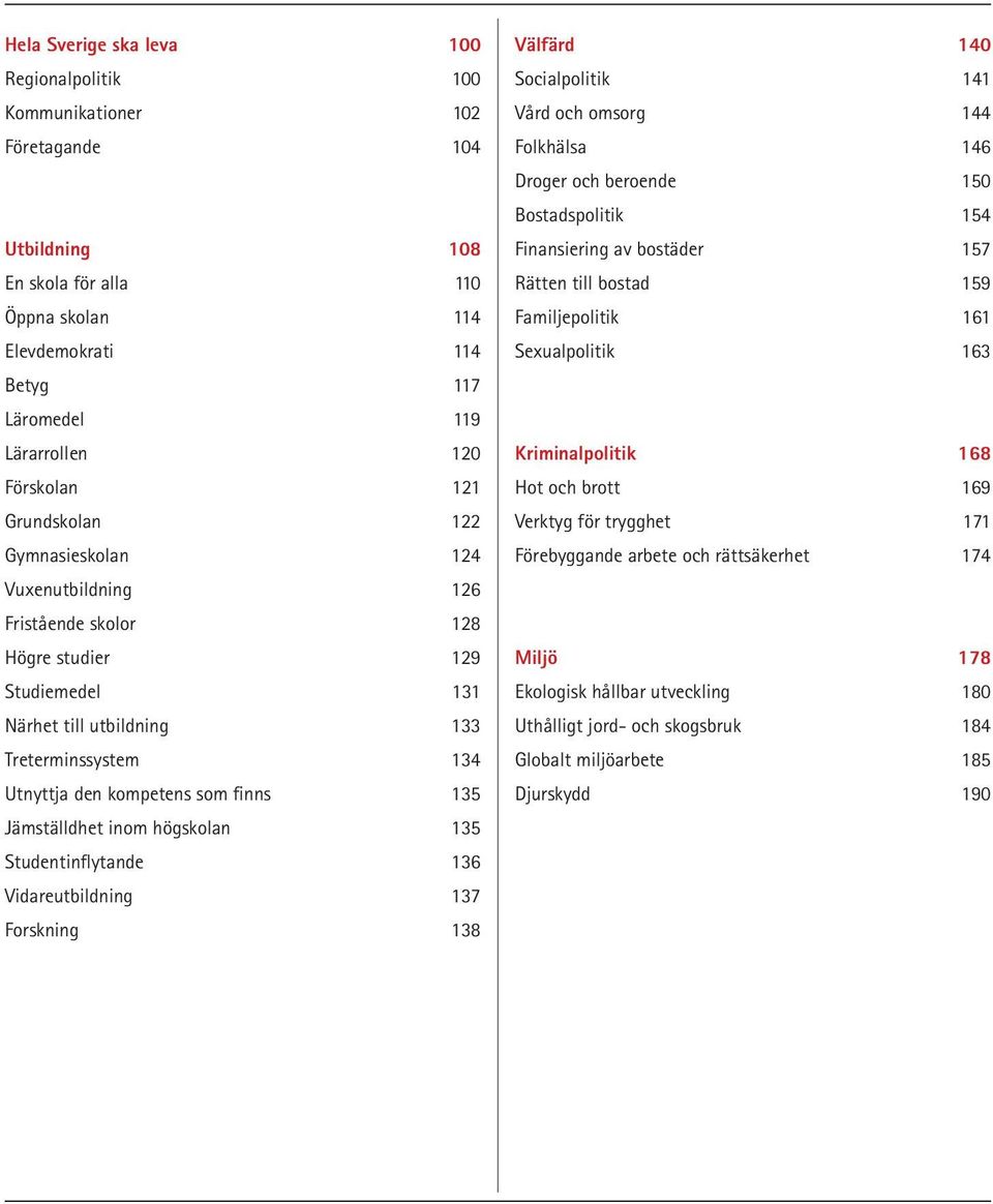 finns 135 Jämställdhet inom högskolan 135 Studentinflytande 136 Vidareutbildning 137 Forskning 138 Välfärd 140 Socialpolitik 141 Vård och omsorg 144 Folkhälsa 146 Droger och beroende 150