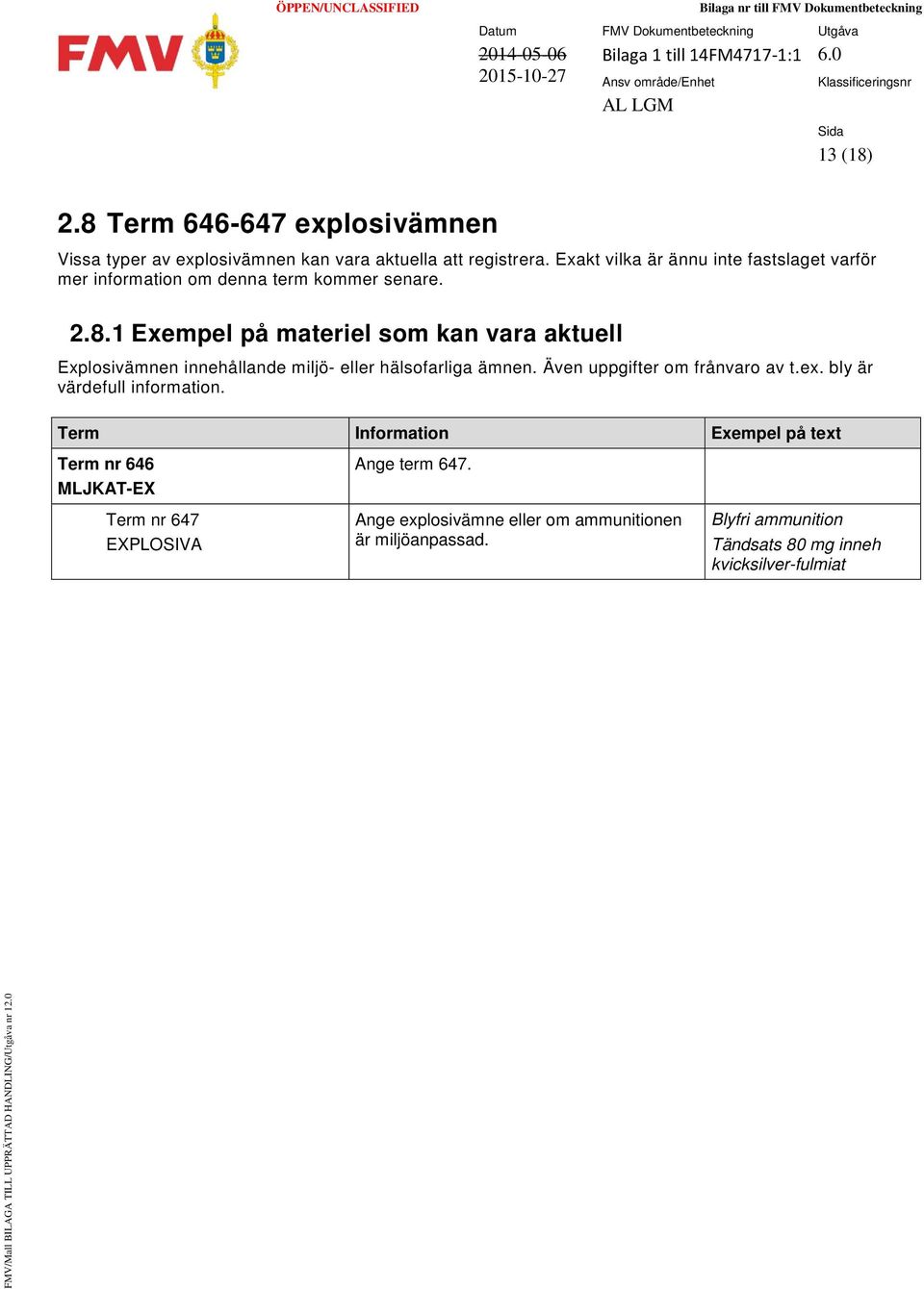 1 Exempel på materiel som kan vara aktuell Explosivämnen innehållande miljö- eller hälsofarliga ämnen. Även uppgifter om frånvaro av t.