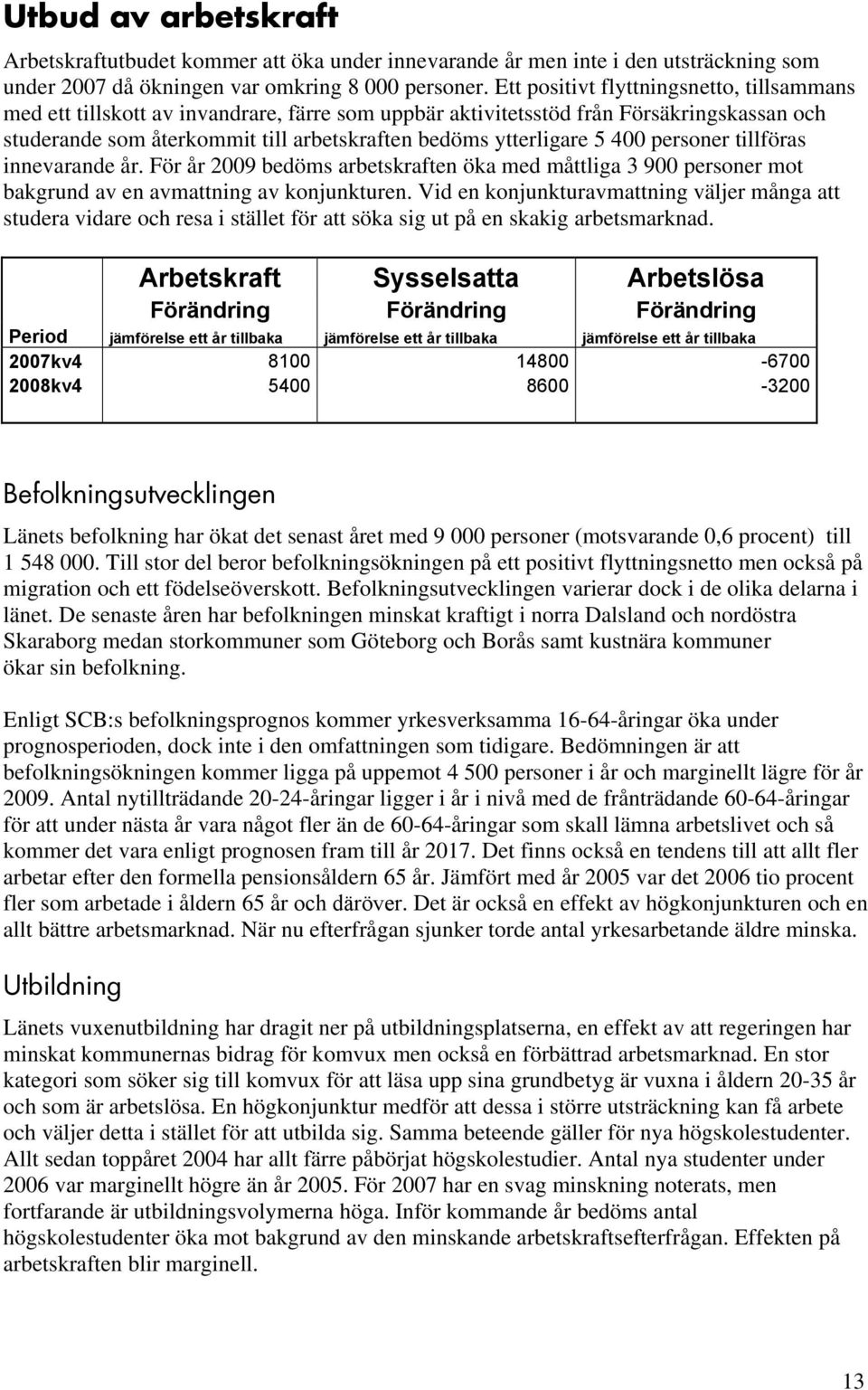 400 personer tillföras innevarande år. För år 2009 bedöms arbetskraften öka med måttliga 3 900 personer mot bakgrund av en avmattning av konjunkturen.