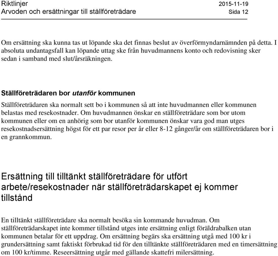 Ställföreträdaren bor utanför kommunen Ställföreträdaren ska normalt sett bo i kommunen så att inte huvudmannen eller kommunen belastas med resekostnader.