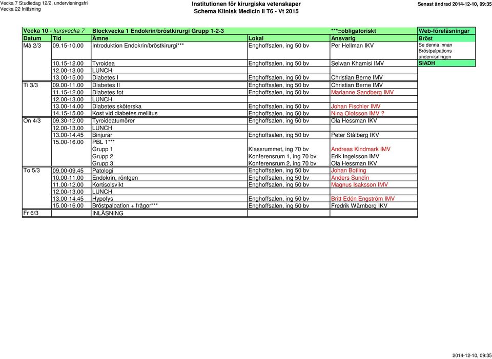 00-15.00 Diabetes I Enghoffsalen, ing 50 bv Christian Berne IMV Ti 3/3 09.00-11.00 Diabetes II Enghoffsalen, ing 50 bv Christian Berne IMV 11.15-12.