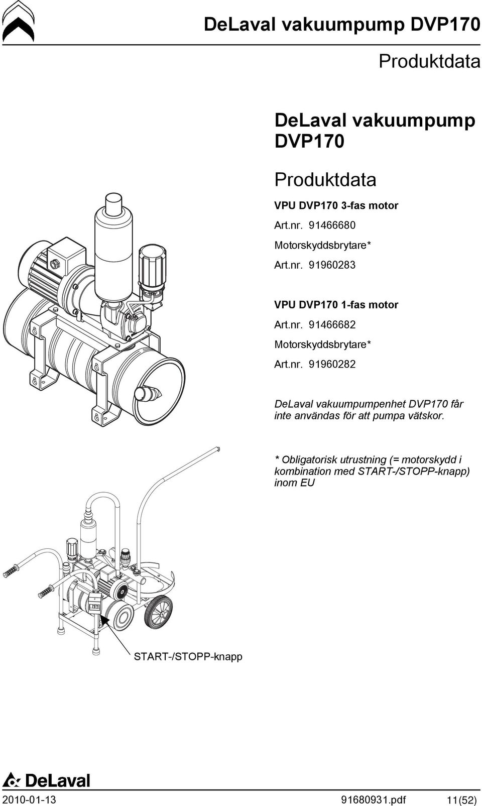 nr. 91960282 DeLaval vakuumpumpenhet DVP170 får inte användas för att pumpa vätskor.