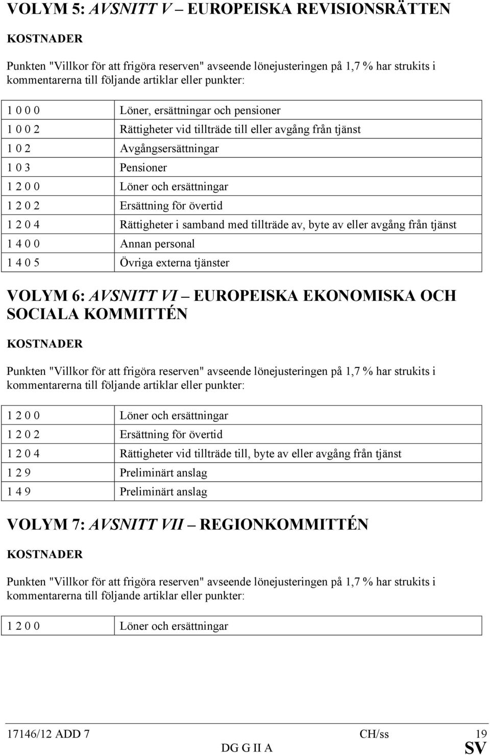 för övertid 1 2 0 4 Rättigheter i samband med tillträde av, byte av eller avgång från tjänst 1 4 0 0 Annan personal 1 4 0 5 Övriga externa tjänster VOLYM 6: AVSNITT VI EUROPEISKA EKONOMISKA OCH