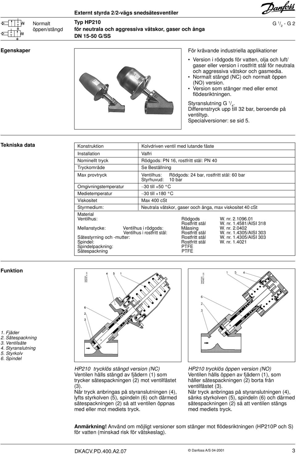 Version som stänger med eller emot flödesriktningen. Styranslutning G 1 / 4. Differenstryck upp till 32 bar, beroende på ventiltyp. Specialversioner: se sid 5.