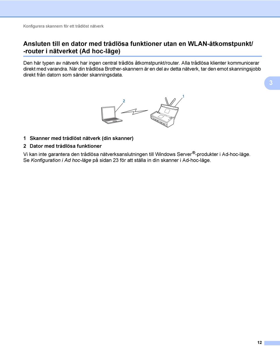 När din trådlösa Brother-skannern är en del av detta nätverk, tar den emot skanningsjobb direkt från datorn som sänder skanningsdata.