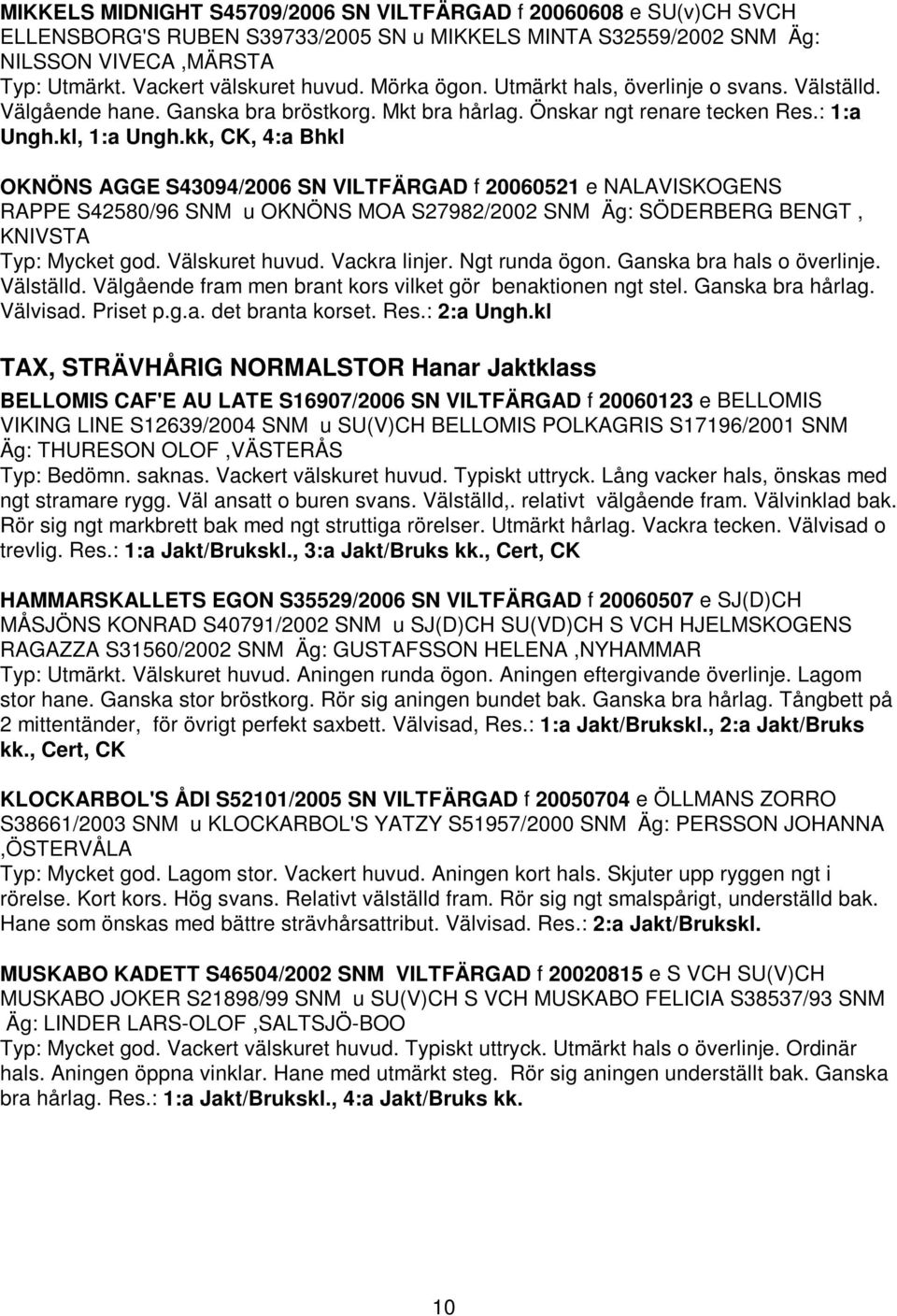 kk, CK, 4:a Bhkl OKNÖNS AGGE S43094/2006 SN VILTFÄRGAD f 20060521 e NALAVISKOGENS RAPPE S42580/96 SNM u OKNÖNS MOA S27982/2002 SNM Äg: SÖDERBERG BENGT, KNIVSTA Typ: Mycket god. Välskuret huvud.