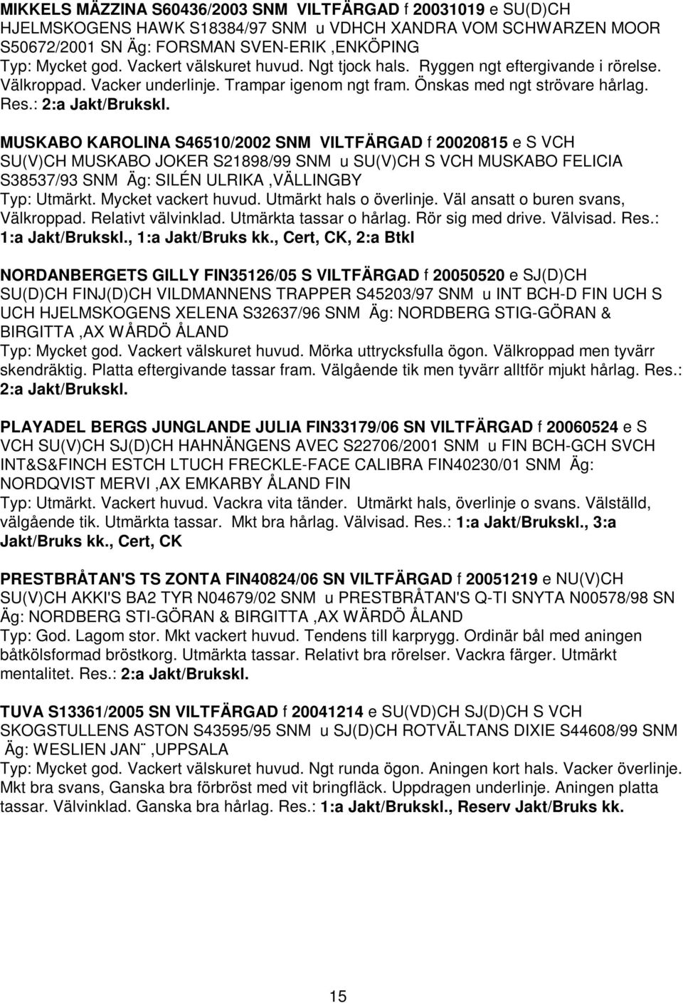 MUSKABO KAROLINA S46510/2002 SNM VILTFÄRGAD f 20020815 e S VCH SU(V)CH MUSKABO JOKER S21898/99 SNM u SU(V)CH S VCH MUSKABO FELICIA S38537/93 SNM Äg: SILÉN ULRIKA,VÄLLINGBY Typ: Utmärkt.