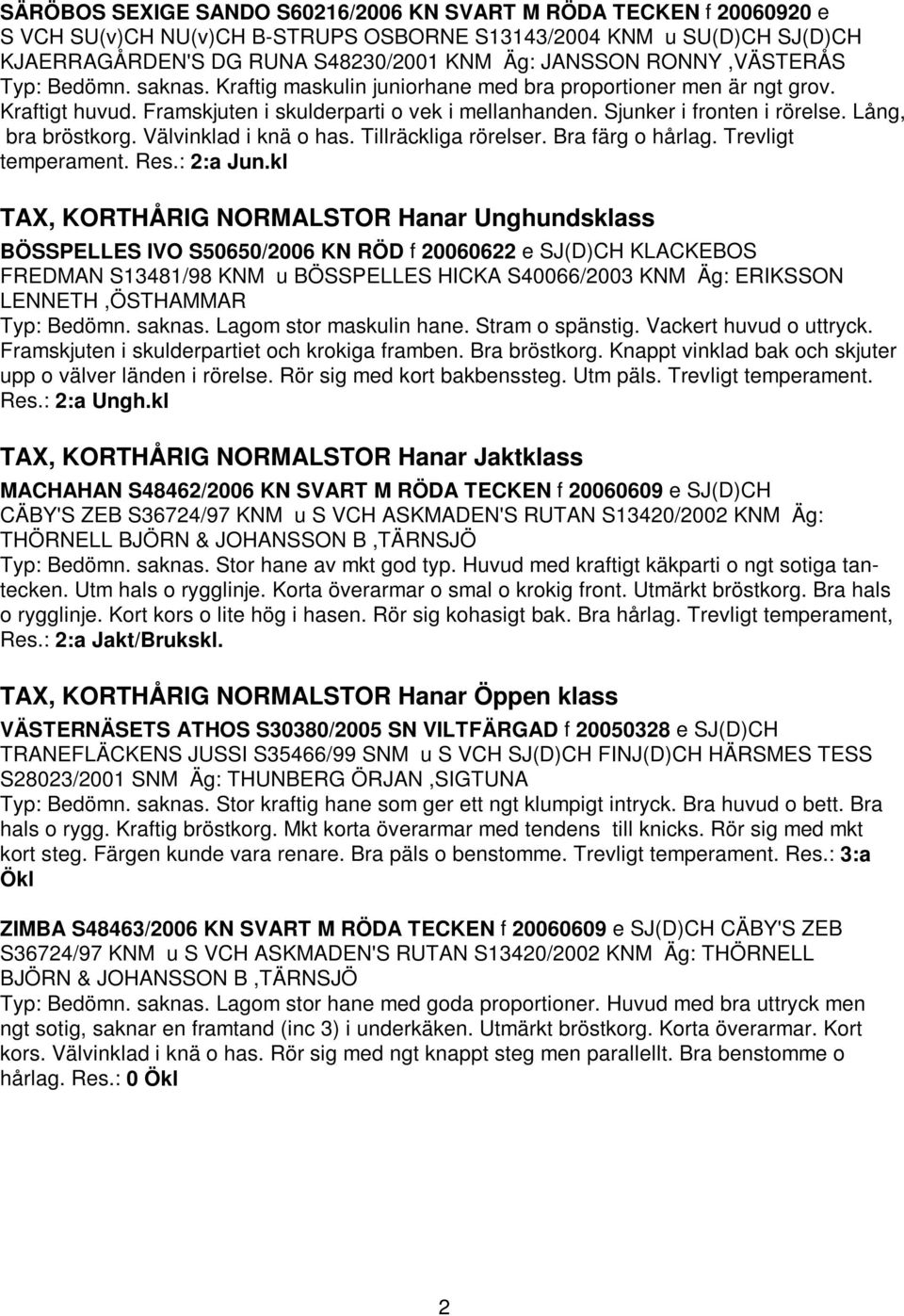 Lång, bra bröstkorg. Välvinklad i knä o has. Tillräckliga rörelser. Bra färg o hårlag. Trevligt temperament. Res.: 2:a Jun.