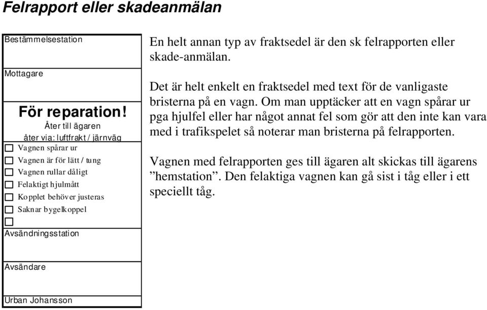 typ av fraktsedel är den sk felrapporten eller skade-anmälan. Det är helt enkelt en fraktsedel med text för de vanligaste bristerna på en vagn.