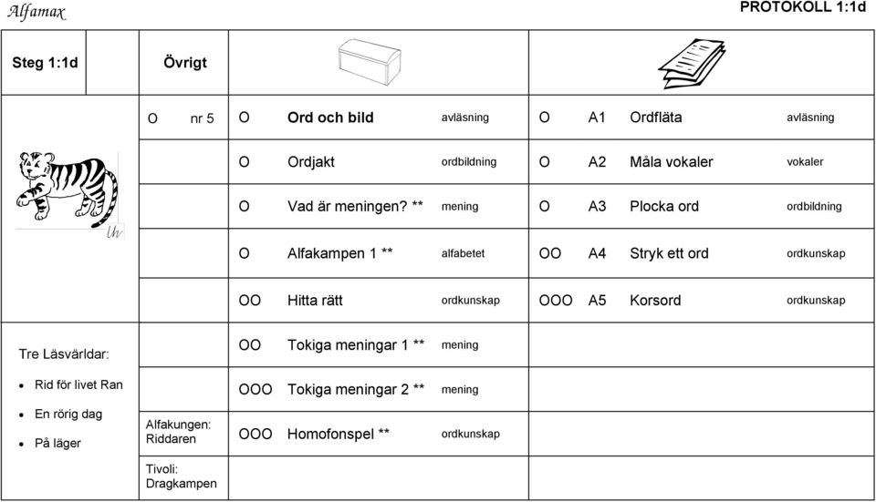 ** mening O A3 Plocka ord ordbildning O Alfakampen 1 ** alfabetet OO A4 Stryk ett ord ordkunskap OO Hitta rätt ordkunskap