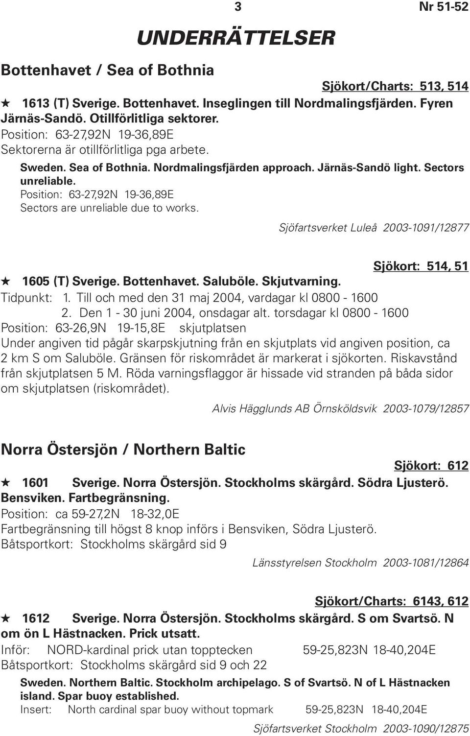 Position: 63-27,92N 19-36,89E Sectors are unreliable due to works. Sjöfartsverket Luleå 2003-1091/12877 Sjökort: 514, 51 1605 (T) Sverige. Bottenhavet. Saluböle. Skjutvarning. Tidpunkt: 1.