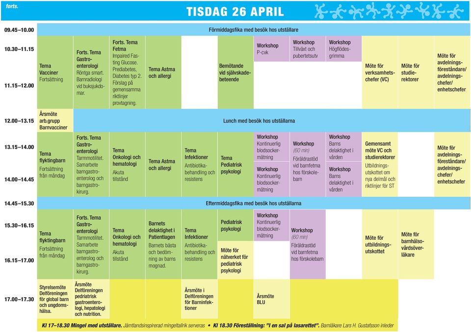 grupp Barnvacciner Lunch med besök hos utställarna 13.15 14.00 flyktingbarn från måndag Onkologi hematologi tillstånd Astma allergi Forts. Tarmmotilitet.