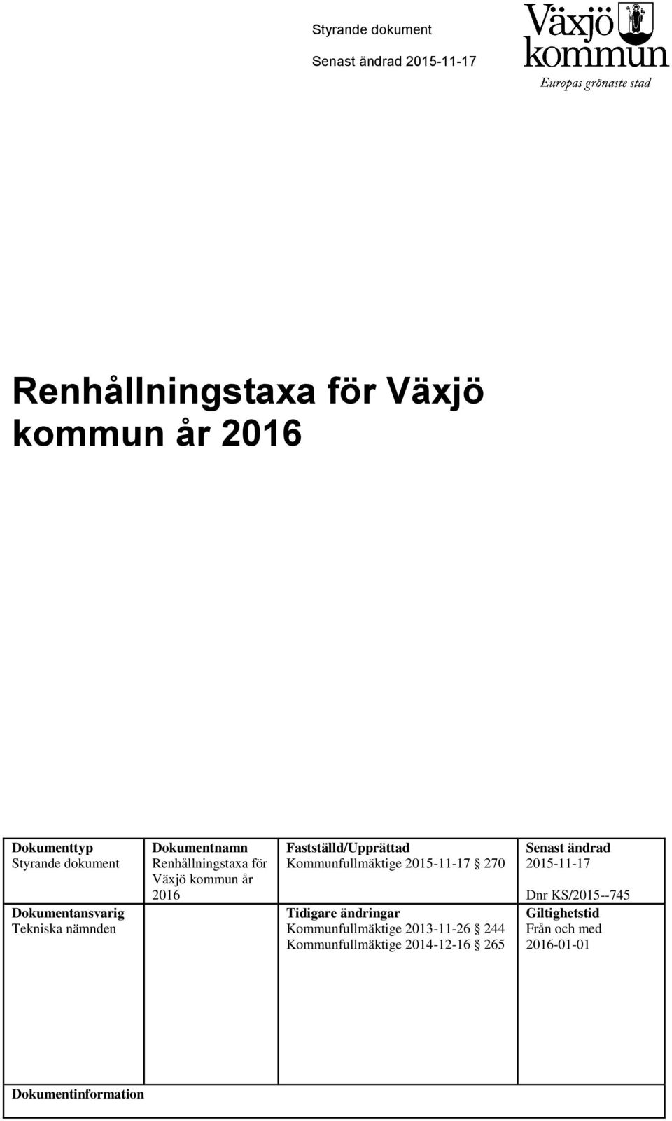 Fastställd/Upprättad Kommunfullmäktige 2015-11-17 270 Tidigare ändringar Kommunfullmäktige 2013-11-26 244