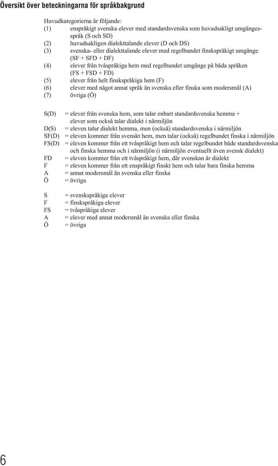 (FS + FSD + FD) (5) elever från helt finskspråkiga hem (F) (6) elever med något annat språk än svenska eller finska som modersmål (A) (7) övriga (Ö) S(D) = elever från svenska hem, som talar enbart