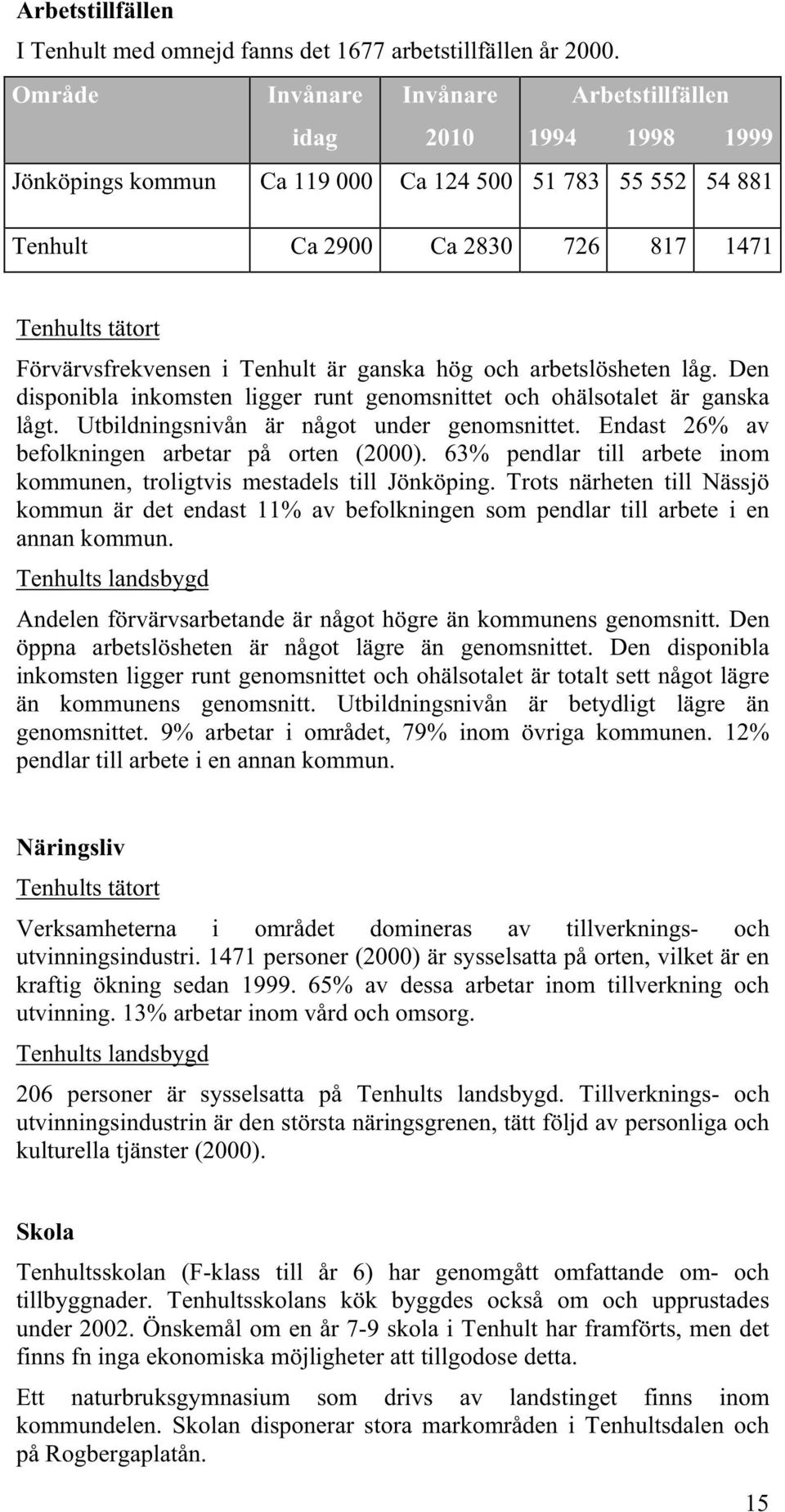 i Tenhult är ganska hög och arbetslösheten låg. Den disponibla inkomsten ligger runt genomsnittet och ohälsotalet är ganska lågt. Utbildningsnivån är något under genomsnittet.