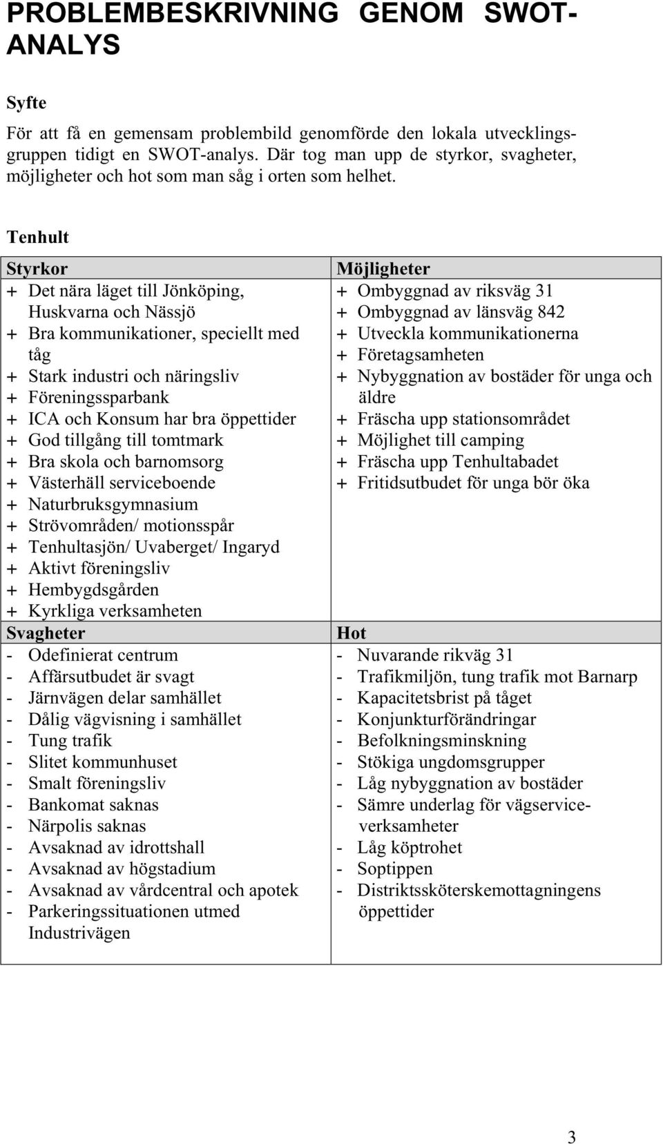 Tenhult Styrkor + Det nära läget till Jönköping, Huskvarna och Nässjö + Bra kommunikationer, speciellt med tåg + Stark industri och näringsliv + Föreningssparbank + ICA och Konsum har bra öppettider