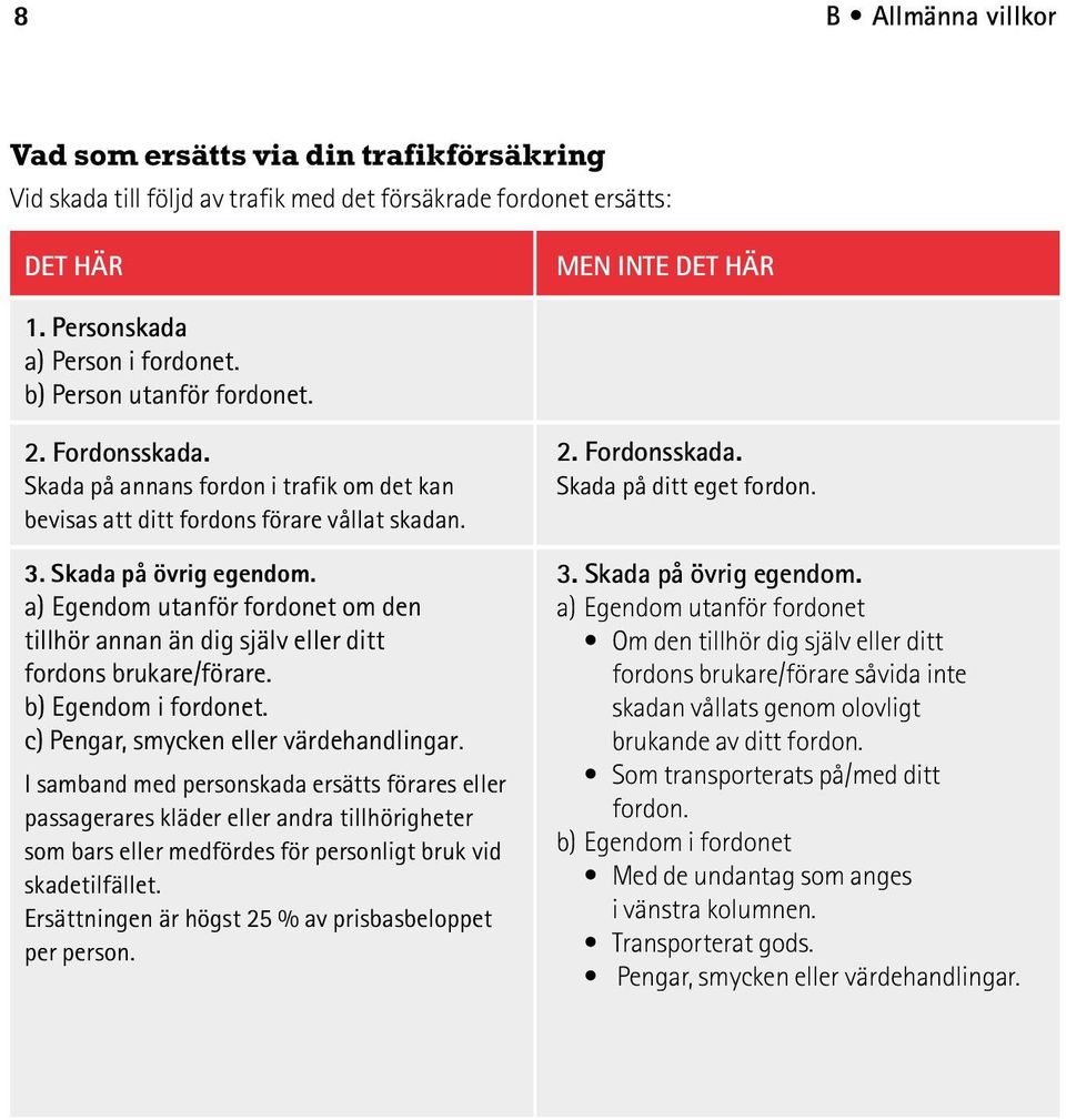 a) Egendom utanför fordonet om den tillhör annan än dig själv eller ditt fordons brukare/förare. b) Egendom i fordonet. c) Pengar, smycken eller värdehandlingar.