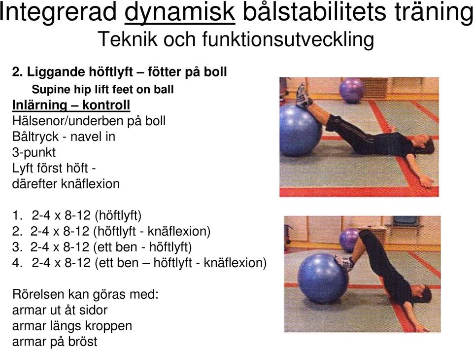 först höft - därefter knäflexion 1. 2-4 x 8-12 (höftlyft) 2. 2-4 x 8-12 (höftlyft - knäflexion) 3.