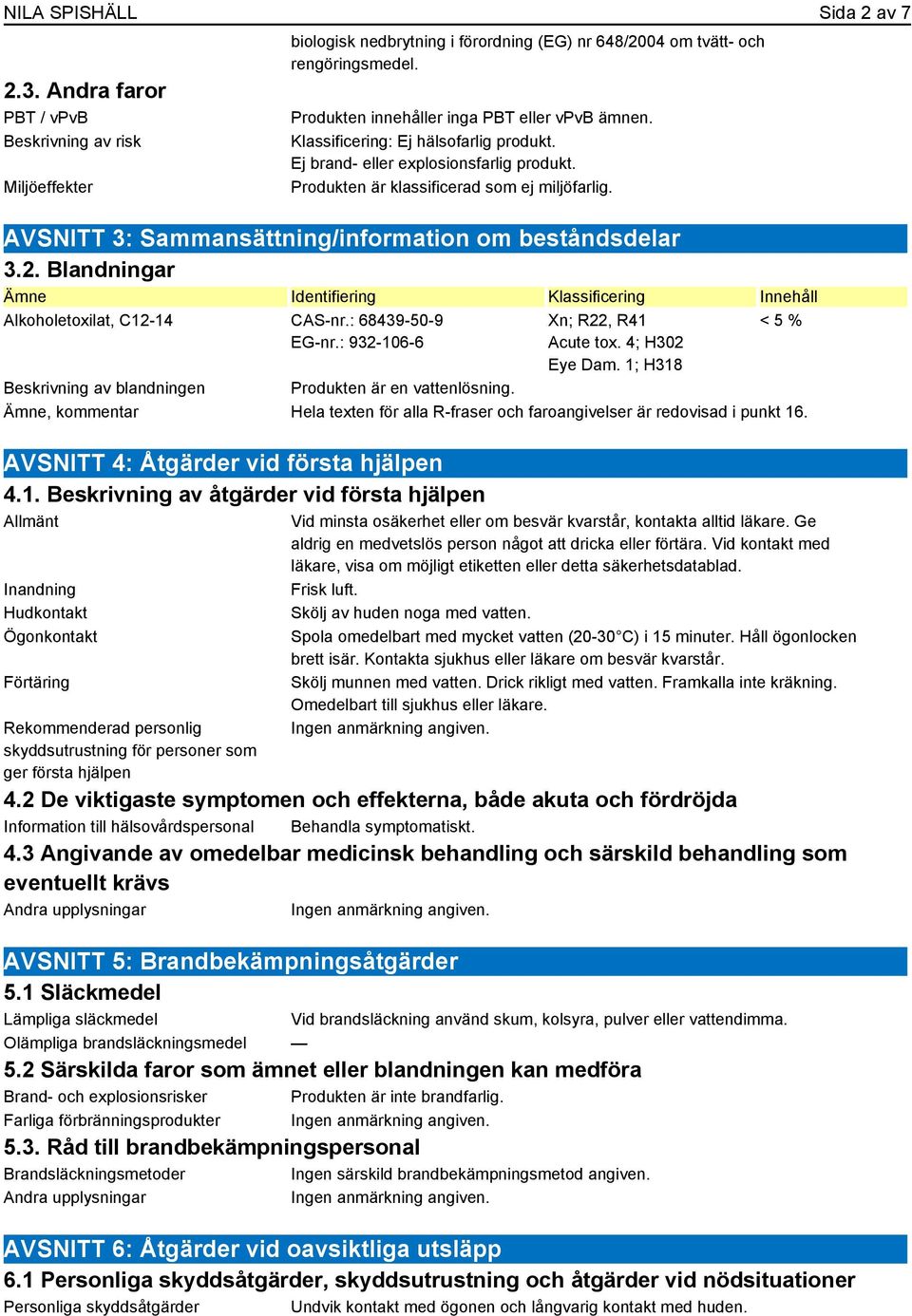 AVSNITT 3: Sammansättning/information om beståndsdelar 3.2. Blandningar Ämne Identifiering Klassificering Innehåll Alkoholetoxilat, C12-14 CAS-nr.: 68439-50-9 EG-nr.: 932-106-6 Xn; R22, R41 Acute tox.