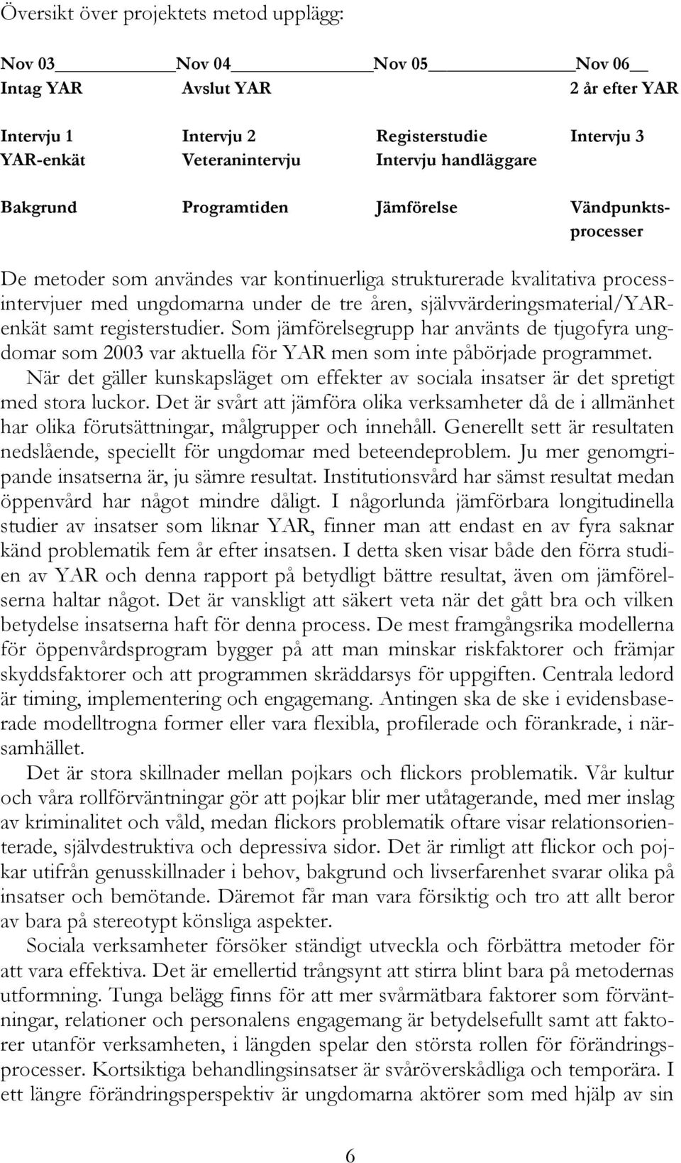 självvärderingsmaterial/yarenkät samt registerstudier. Som jämförelsegrupp har använts de tjugofyra ungdomar som 2003 var aktuella för YAR men som inte påbörjade programmet.