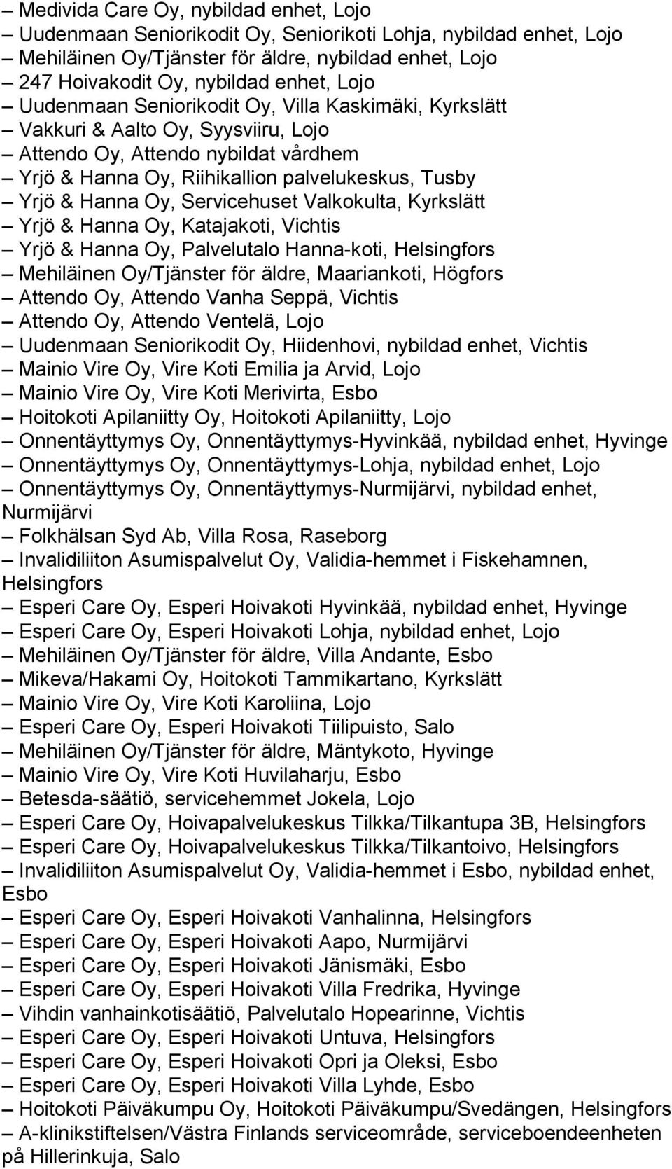 Servicehuset Valkokulta, Kyrkslätt Yrjö & Hanna Oy, Katajakoti, Vichtis Yrjö & Hanna Oy, Palvelutalo Hanna-koti, Helsingfors Mehiläinen Oy/Tjänster för äldre, Maariankoti, Högfors Attendo Oy, Attendo