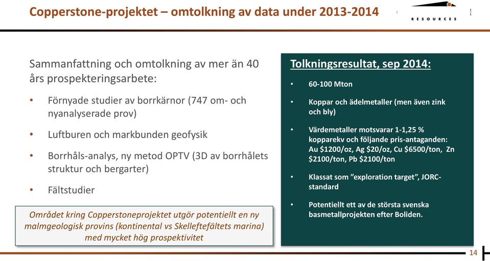 (kontinental vs Skelleftefältets marina) med mycket hög prospektivitet Tolkningsresultat, sep 2014: 60-100 Mton Koppar och ädelmetaller (men även zink och bly) Värdemetaller motsvarar 1-1,25 %